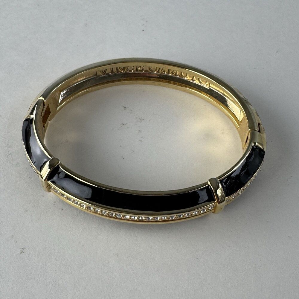 Vince Camuto Bangle Bracelet Black And Gold Toned Hinged w Crystal Accents 2.3”